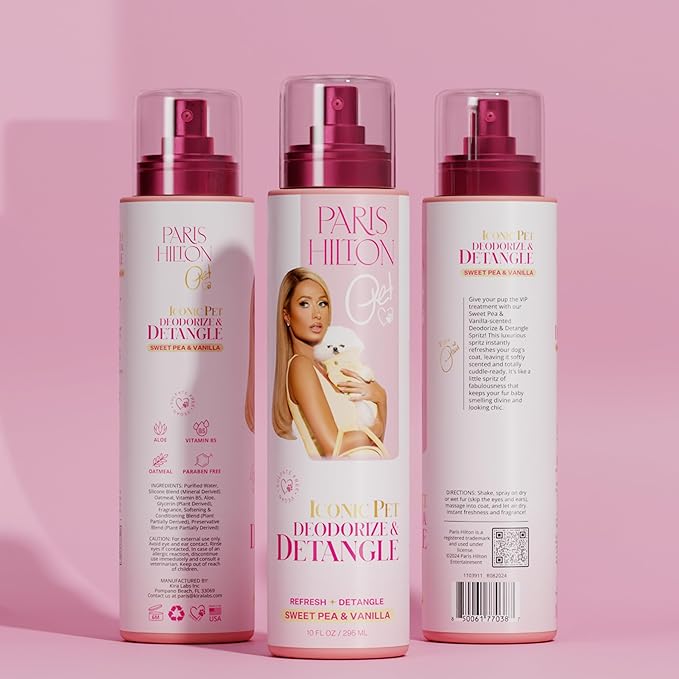 Paris Hilton Dog Deodorizer & Detangler | Odor Neutralizing with Light Sweet Pea & Vanilla Scent for Fresh Grooming & Detangling - Sulfate-Free, Vegan, Hypoallergenic for All Pet Breeds 10oz/295ml