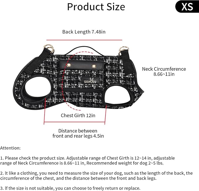 Dog Lift Harness Dog Carrier Dog VES Harness Adjustable Dog Leash with Small Puppy Treat Bag（Black,XS）