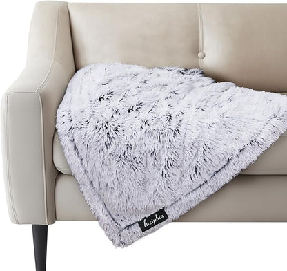 Luciphia Large Waterproof Dog Blanket Pet Washable Liquid Proof Furniture Protector Small Shaggy Plush Calming Long Faux Fur Bed Cover for Couch Cat Blankets for Kitten Doggy, Mist Grey, 30" x 40"