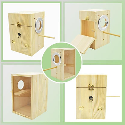 Vertical Parakeet Nesting Box,Transparent Bird Nesting Box Natural Wood Parakeet House for Cage Clear Acrylic Budgie Breeding Nest for Lovebird,Cockatiel,Parrot,Budgie,Conure,Finch