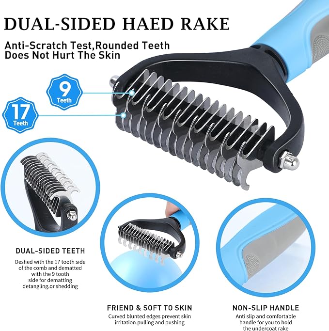 5 PCS Dog Grooming Brush Kit  Self Cleaning Slicker Brush for Shedding Short & Long Haired Dogs & Cats. Removes Loose Fur, Undercoat, Mats, Tangles. Suit for Small, Medium & Large Pets. Blue