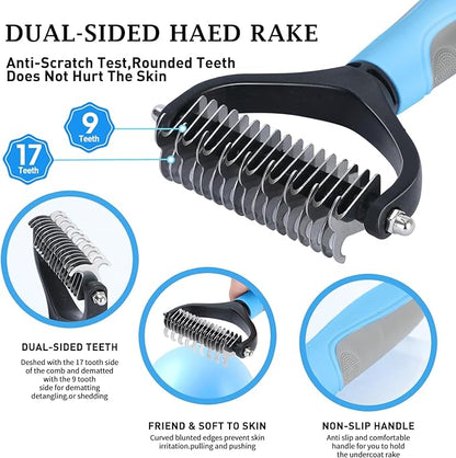 5 PCS Dog Grooming Brush Kit  Self Cleaning Slicker Brush for Shedding Short & Long Haired Dogs & Cats. Removes Loose Fur, Undercoat, Mats, Tangles. Suit for Small, Medium & Large Pets. Blue
