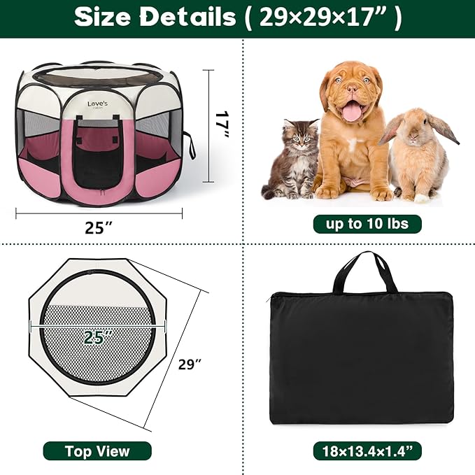 Love's cabin Pet Puppy Dog Playpen, Small Dog Tent Crates Cage Indoor/Outdoor, Portable Playpen for Cat, Foldable Pop Up Dog Kennel Playpen with Carring Case, Removable Zipper Top, Pink
