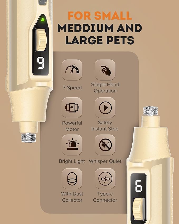 YABIFE 7-Speed Dog Nail Trimmers, Professional Dog Nail Grinder with Light - Heavy Duty Pet Nail Grinder for Dogs/Cats/Birds/Small Animals - Whisper Quiet, Single Hand Operation