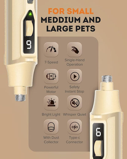 YABIFE 7-Speed Dog Nail Trimmers, Professional Dog Nail Grinder with Light - Heavy Duty Pet Nail Grinder for Dogs/Cats/Birds/Small Animals - Whisper Quiet, Single Hand Operation