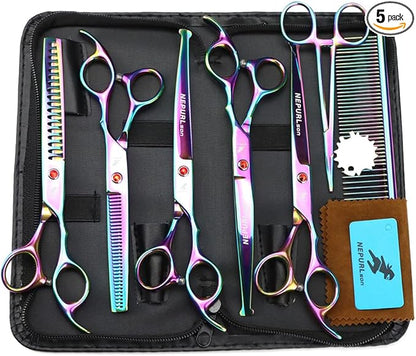 7.0" Dog Scissors Pet Grooming Kit Round-tip Safety Scissors Fishbone Teeth Shears with Forceps Hairdressing Hair Styling Tool Gift Set 5 Pieces (Multicolor)