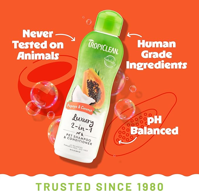 TropiClean 2-in-1 Dog Shampoo and Conditioner, Moisturizing Dog Detangler, Puppy Safe, Made in the USA, Papaya Scent, Cat & Kitten Safe, 20oz.