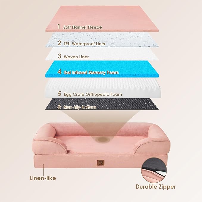 EHEYCIGA Orthopedic Dog Beds for Large Dogs, Waterproof Memory Foam Large Dog Bed with Sides, Non-Slip Bottom and Egg-Crate Foam Large Dog Couch Bed with Washable Removable Cover, Dusty Pink