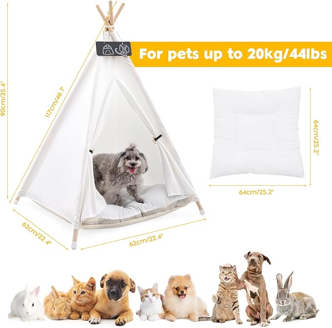Pet Teepee Tent for Large Dogs with Thick Cushion/Bed, Portable Dog House, Puppy Teepee for Cats Dogs Rabbits (Large Size)