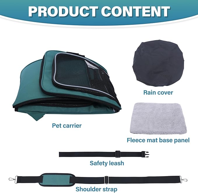 Dog Bike Basket Carrier, Expandable Foldable Dog Basket for Bike, Soft-Sided Dog Bike Carrier Pet Travel Bag, Bike Dog Carrier Backpack Carrier Safe and Easy for Small Cats and Dogs (Green)