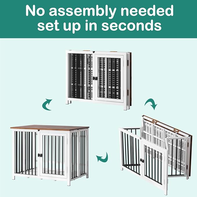 Heavy Duty Dog Crate Furniture, Fully Assembled exc. Locks, All Metal Frame & Wooden Tabletop, Modern Kennel for Small Dog, End Table, Sturdy, Foldable, White+Black/Rustic Brown