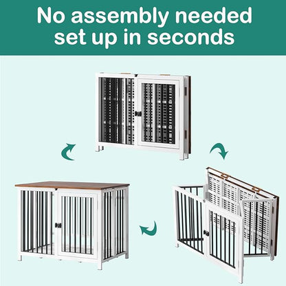 Heavy Duty Dog Crate Furniture, Fully Assembled exc. Locks, All Metal Frame & Wooden Tabletop, Modern Kennel for Small Dog, End Table, Sturdy, Foldable, White+Black/Rustic Brown