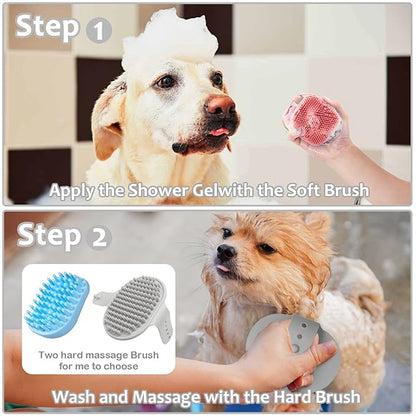ELEGX Pet Grooming Bath Massage Brush with Soap and Shampoo Dispenser Soft Silicone Bristle for Long Short Haired Dogs Cats Shower (2 Massage Brush + Pink)