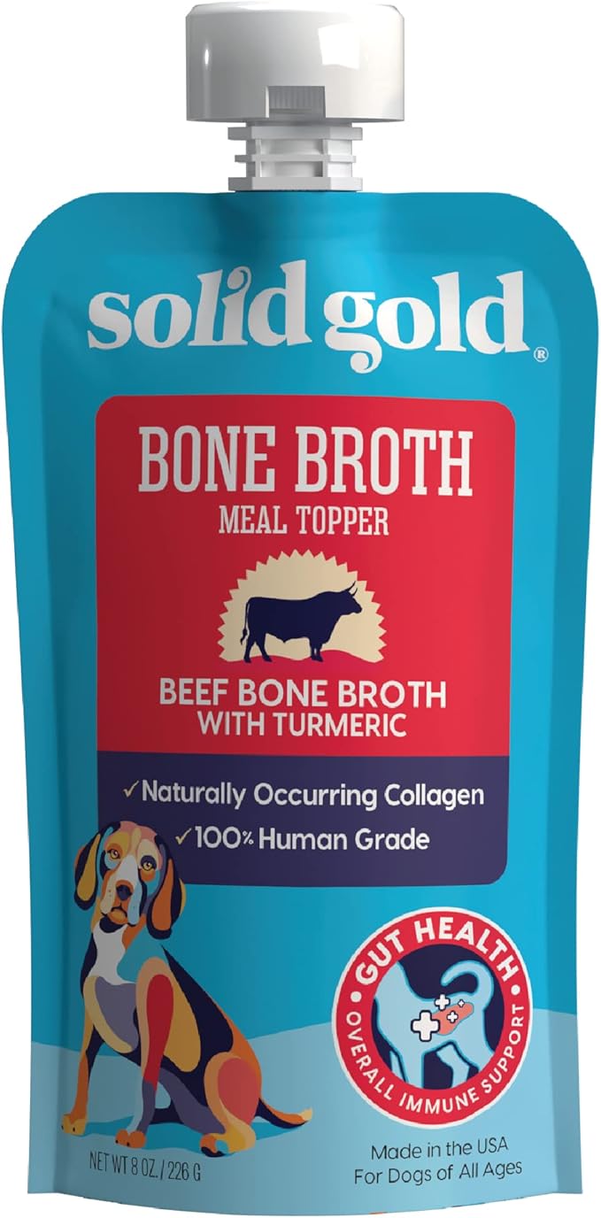 Solid Gold Beef Bone Broth for Dogs - Grain Free Dog Food Topper Rich in Collagen and Superfoods - Nutrient Dense Dog Gravy Topper for Dry Food - Promotes Gut Health and Hydration - 12 Pack