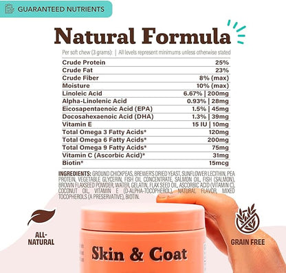 Natural Dog Company Skin & Coat Supplement for Dogs – Omega 3 Salmon Oil, Biotin & Vitamin E Support Shiny Coat, Healthy Skin & Normal Shedding, Promotes Comfort from Occasional Itch, 180 Count