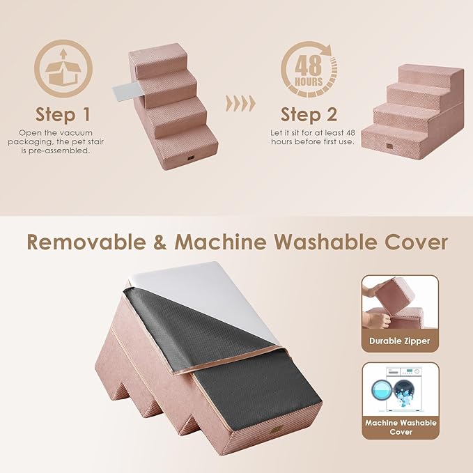 EHEYCIGA Dog Stairs for Bed 20”H, 4-Step Extra Wide Dog Steps for High Bed, Pet Steps for Small Dogs and Cats, Non-Slip Balanced Dog Indoor Ramp, Pink
