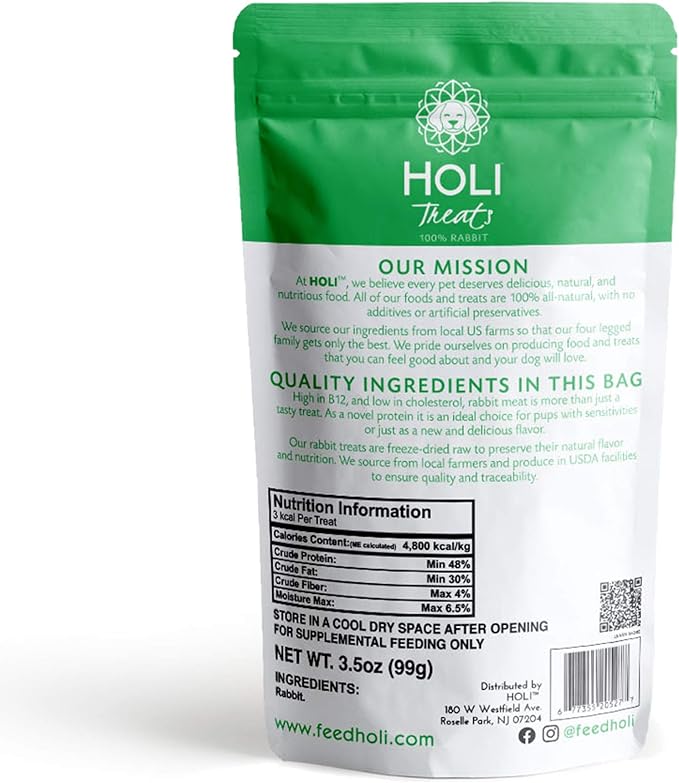 HOLI Freeze Dried Rabbit Treats for Dogs- All Natural Healthy Dog Treats, 100% Made in USA - Single Ingredient - Human Grade - Grain Free - Diabetic Friendly - (3.5 Ounce - 2 Pack)