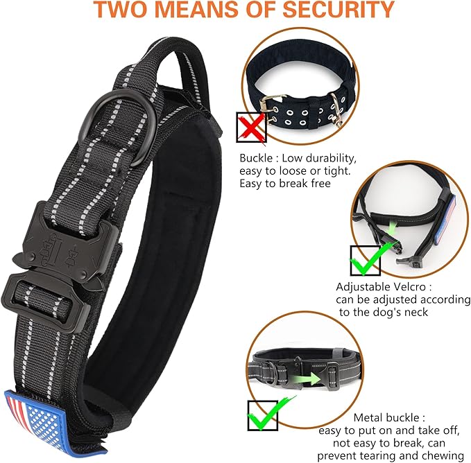 KCUCOP Tactical Dog Collar, Heavy Duty Dog Collar with Handle and Metal Buckle, Military Thick Dog Collars for Medium and Large Dogs(Black-Reflective Set-XL, 1 Patch)