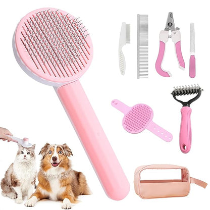 Pet Grooming Brush Kit 7pcs, Cat Brush with Release Button Comb Set for Shedding -Cat Brush&Nail Clippers File Set for Cat Dogs Long matted Haired Pets and Nail Repair(Pink)