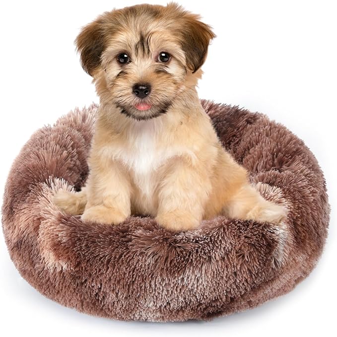 NOYAL Calming Donut Dog Bed for Small to Medium Dogs & Cats - Plush Faux Fur Anti-Anxiety Pet Bed with Machine Washable Cover & Non-Slip Base