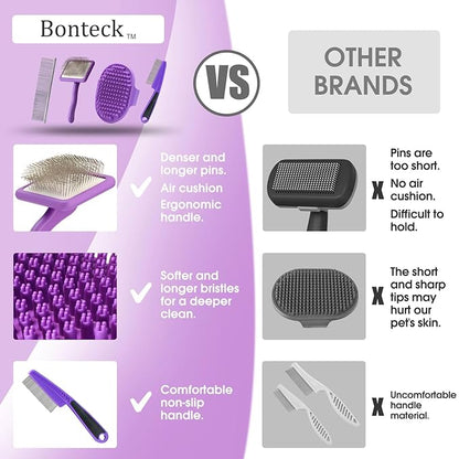 Dog Slicker Brush for Dogs Grooming Kit 4PCS | Large Dog Brush for Goldendoodles Poodles Doodles | Long Pin Haired Brush | Dog Bath Brushes Flea Comb(Purple)