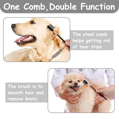 7 Pack Pets Grooming Brush Comb Kit,Double-Side Deshedding Dematting Dog Brush,Undercoat Rake for Dogs & Cats,with Metal Comb,Flea Comb,Open Knot Comb,Fine-Teeth Comb,Tear Stain Remover Comb