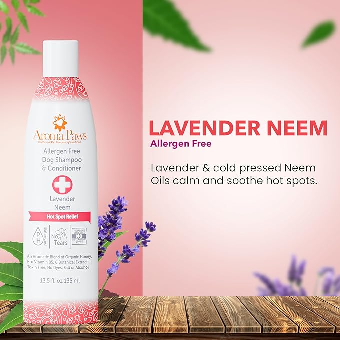 Dog Shampoo and Conditioner - Tearless Shampoo for Cleansing, Grooming, and Conditioning - Hot Spot Treatment Shampoo for Dogs and Puppies - Lavender and Neem 13.5 oz