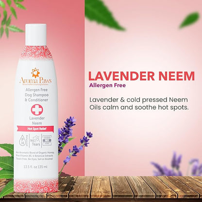 Dog Shampoo and Conditioner - Tearless Shampoo for Cleansing, Grooming, and Conditioning - Hot Spot Treatment Shampoo for Dogs and Puppies - Lavender and Neem 13.5 oz