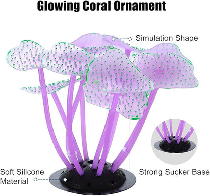 VOCOSTE Soft Silicone Glowing Aquarium Mushroom Coral, Fluorescence Aquatic Artificial Coral for Fish Tank Decoration, Purple