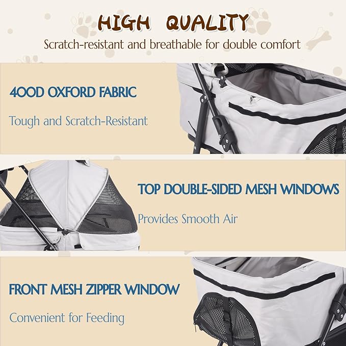 3 in 1 Dog Stroller, 4 Wheels Pet Stroller Dog Cat Stroller for Medium Small Dog Cats Up to 50lbs, Foldable Carrier Jogger Travel Puppy Stroller with Cup Holder & Breathable Mesh, Grey