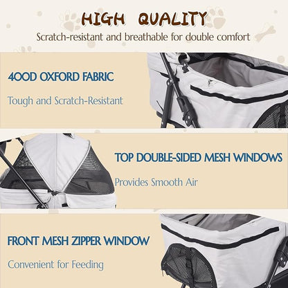3 in 1 Dog Stroller, 4 Wheels Pet Stroller Dog Cat Stroller for Medium Small Dog Cats Up to 50lbs, Foldable Carrier Jogger Travel Puppy Stroller with Cup Holder & Breathable Mesh, Grey