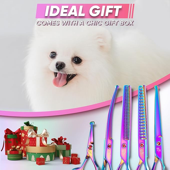 7" Multicolour Dog Grooming Kit - Premium Japanese 440C Stainless Steel Straight Scissors, Thinning Shears, Curved Scissors, Chunker Shears with Steel Comb