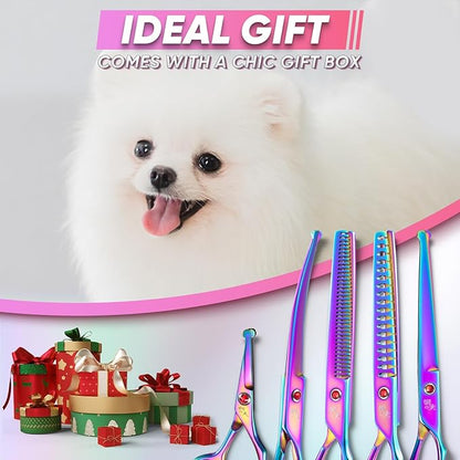 7" Curved Dog Grooming Scissors with Safe Round Tip, Rainbow Pet Fur Scissors, Japanese Stainless Steel 440C, Sharp and Sturdy Grooming Shears for Novice and Professional Groomers
