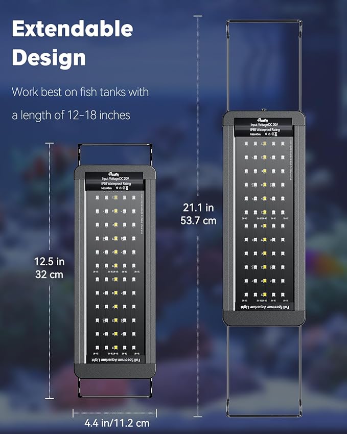 Pawfly 12W Saltwater Aquarium Light for 12" to 18" Fish Tanks Dimmable LED Reef Light for Coral Extendable Marine Fish Tank Light with Full Spectrum D/N Mode Timer Auto On/Off Adjustable Brightness