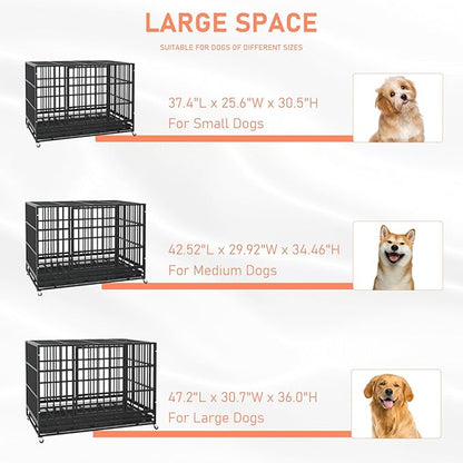 LEMBERI 48/38 inch Heavy Duty Indestructible Dog Crate, Escape Proof Dog Cage Kennel with Lockable Wheels,High Anxiety Double Door Dog Crate,Extra Large Crate Indoor for Large Dog with Removable Tray