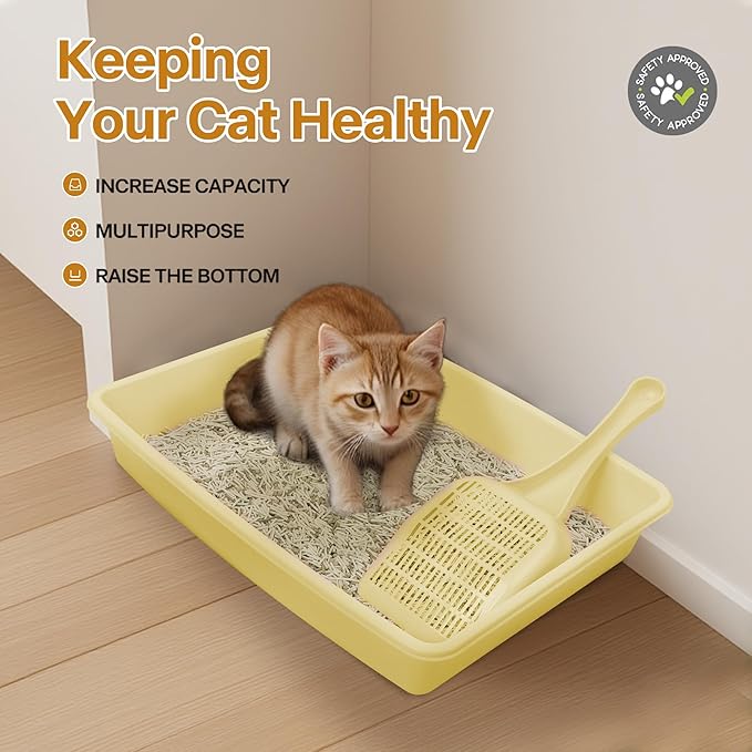 PAWISE Small Cat Litter Box, Kitten Litter Box Starter Kit, Low Entry Baby Kitten Training Litter Box with Scoop, Bowls,Cat Mouse Toy and Cat Ball Toy,First Catty Owner Essentials (Yellow)