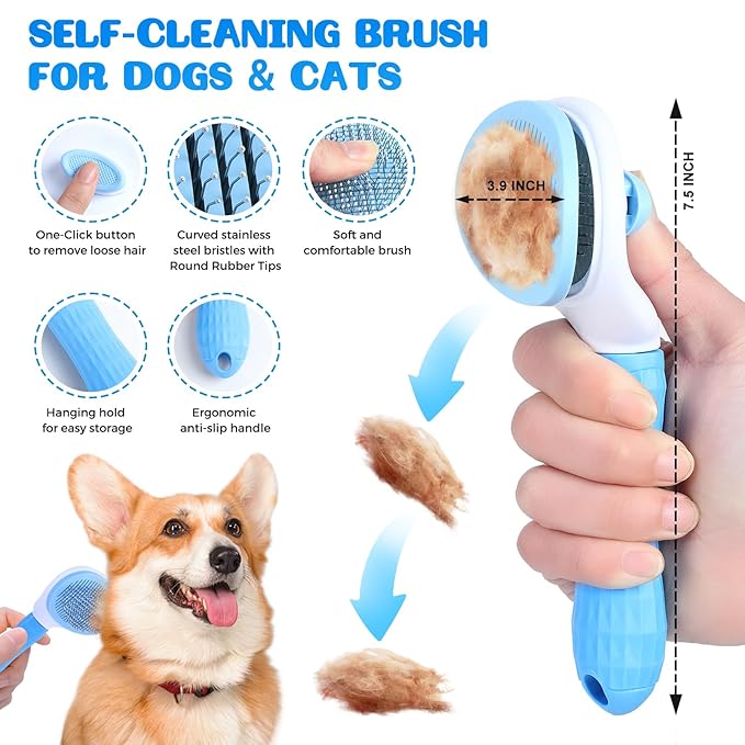 5 in 1 Dog Grooming Kit, Self Cleaning Slicker Brush for Shedding Short Long Haired Dogs & Cats, Includes Pet Comb, Flea Comb, Bath Brush, Undercoat Rake, Blue