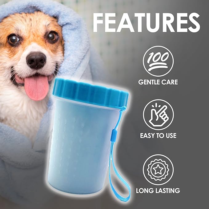 Dog Paw Cleaner l Keep Your Pet's Paws Clean and Fresh l Medium Size 9.5 x 9.5 x 11.5 cm l PP, Silicon and Polyester Materials l Easy and Effective Paw Cleaning Solution l Blue