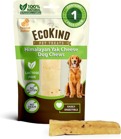 EcoKind Premium Gold Yak Cheese Himalayan Dog Chews, Dog Treats Large Breed, All Natural, High Protein Dog Chew, Peanut Butter, Large - 1 Chew