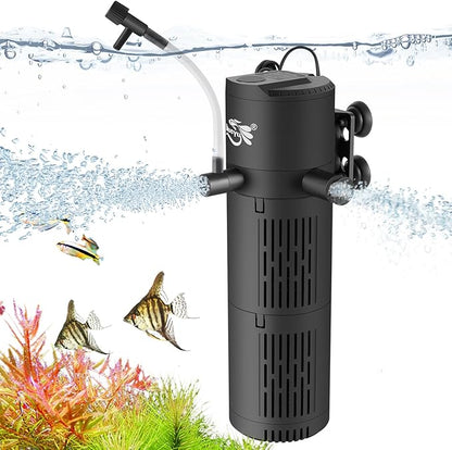 Aquarium Filter, Fish Tank Filter 4-in-1 for 15-40 Gallon Tanks, Submersible Internal Filter with Wave-Maker, Oxygenation & Adjustable Air Flow for Freshwater/Saltwater/Turtle Tanks (8W)