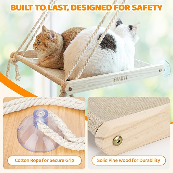Cat Window Perch with 2 Steps, Easy to Assemble Hammock for Window Indoor/Outdoor Cat Seat/Bed Supports 40 lbs (Drilling-Free)
