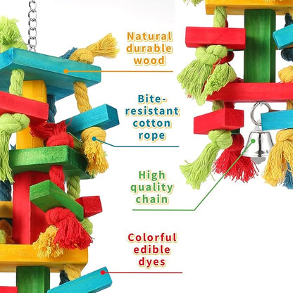 Bird Toys for Large Parrots Natural Wood Block Chewing Toy for Macaws, Cockatoos, African Greys Parrot Cage Hanging Bite Toy for Beak Exercise and Entertainment