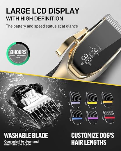 Dog Grooming Kit Low Noiseï¼_ordless 4 in 1 Dog Clippers for Grooming Rechargeable Pet Cat Trimmer with 2 Speed,6 Guards,Scissors,Comb for Small Medium Large Pets Dogs Cats Thick Hair Cutting(Gold)