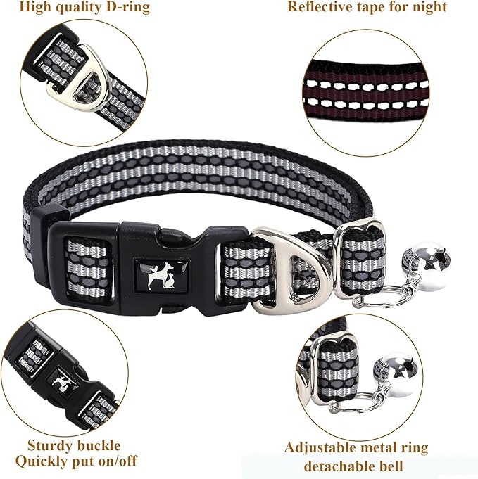 Reflective Dog and Cat Collar with Bell - Hypoallergenic Adjustable Puppy Collar for Small Pets, Soft Nylon Night Safety with Reflective Strips (Silver, XS)