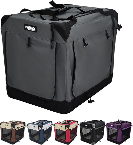 EliteField 4-Door Folding Soft Dog Crate with Curtains, Carrying Bag and Fleece Bed (2 Year Warranty), Indoor & Outdoor Pet Home (30" L x 21" W x 24" H, Gray+4 Door Curtains)
