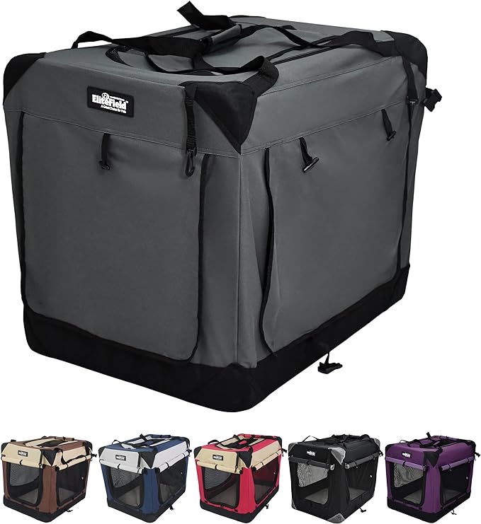 EliteField 4-Door Folding Soft Dog Crate with Curtains, Carrying Bag and Fleece Bed (2 Year Warranty), Indoor & Outdoor Pet Home (20" L x 14" W x 14" H, Gray+4 Door Curtains)