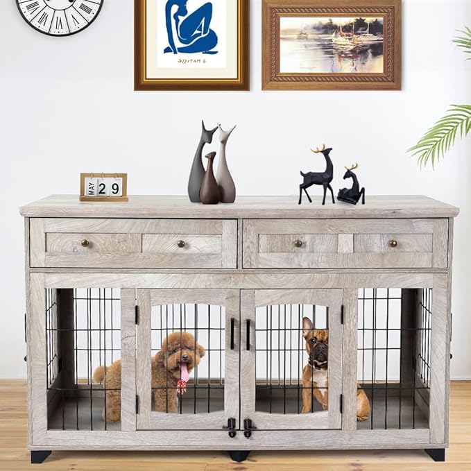 2 Rooms Dog Crate Furniture for Big Breed,58" Wooden Dog Crate Table with 2 Drawers,Indoor Dog Kennel,Dog House,Dog Cage,TV Stand (Grey)