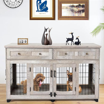 2 Rooms Dog Crate Furniture for Big Breed,58" Wooden Dog Crate Table with 2 Drawers,Indoor Dog Kennel,Dog House,Dog Cage,TV Stand (Grey)
