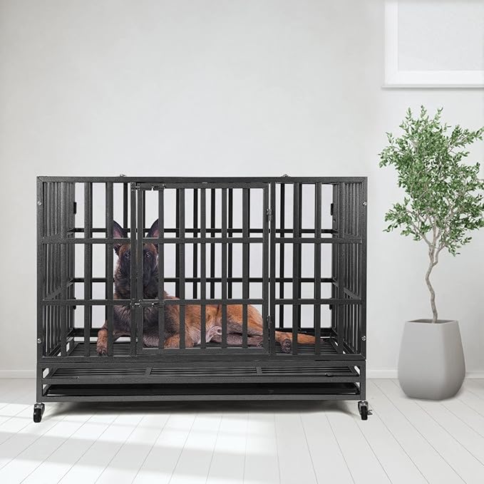48 Inch Heavy Duty Dog Crate Kennel with Wheels, High Anxiety Indestructible Dog Crates for Large Dogs, XL XXL Extra Large Dog Crate with Removable Dog Cage Tray, Two Locks (Black, Square)