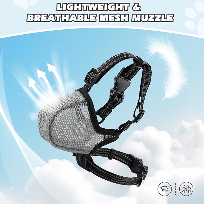 Dog Muzzle,Mesh Soft Muzzle for Small Medium Large Sized Dogs, Breathable Reflective Adjustable Puppy Muzzles with Collar for Scavenging Grooming Biting Chewing,Allows Panting and Drinking(Grey L)